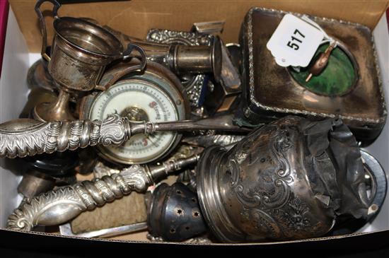 A quantity of silver items including a watch case, trophy cup, napkin ring, etc. other curios, inc. a 9ct gold and bloodstone fob.